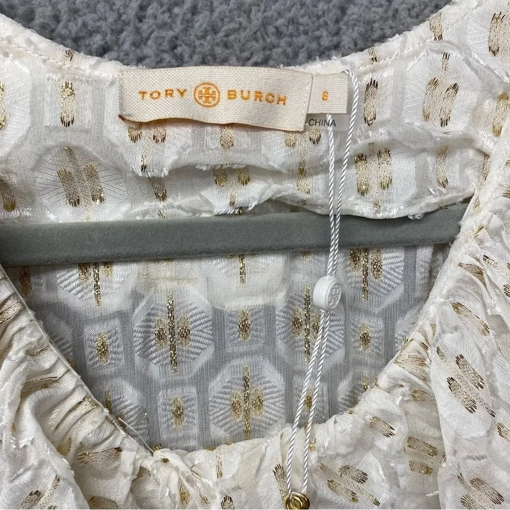 NEW Tory Burch Jasmine Metallic Ruffle Dress Silk Blend Ivory Tassel Tie Waist